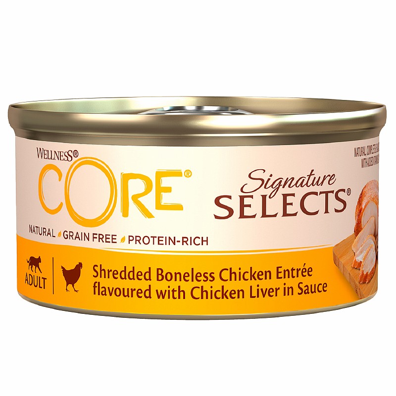 CORE Cat Signature Selects Shredded Boneless Chicken with Chicken Liver / Консервы Кор для кошек Измельченное Куриное филе с куриной печенью в соусе (цена за упаковку)