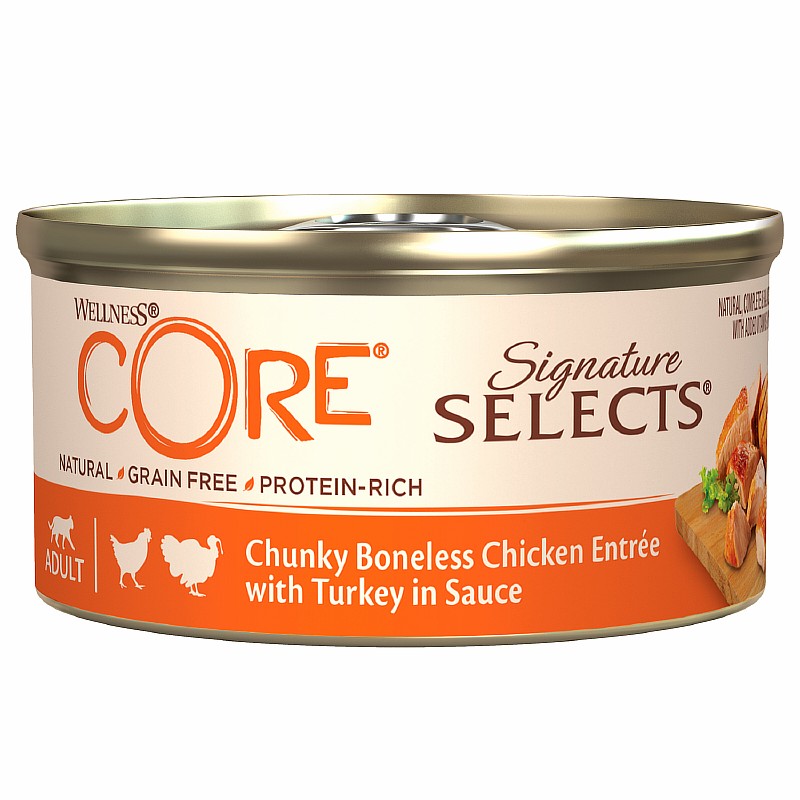 CORE Cat Signature Selects Chunky Boneless Chicken with Turkey / Консервы Кор для кошек Аппетитные кусочки Куриного филе с Индейкой в соусе (цена за упаковку)