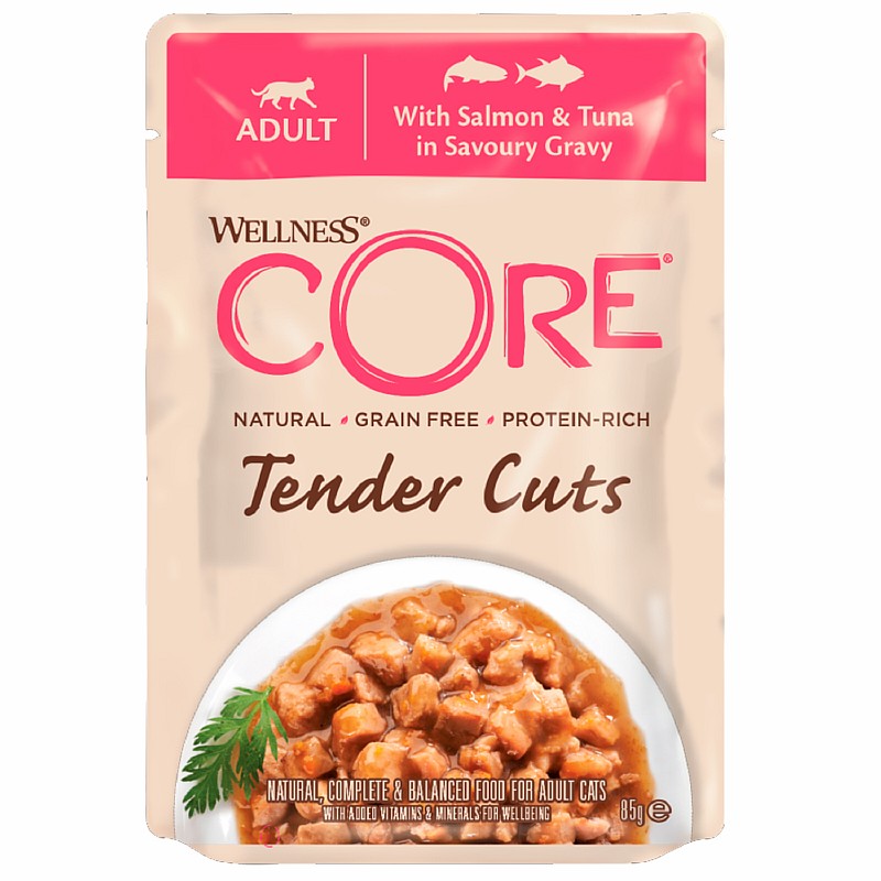 CORE Cat Tender Cuts Salmon & Tuna / Паучи Кор для кошек Нежные кусочки Лосося и Тунца в пикантном соусе (цена за упаковку)