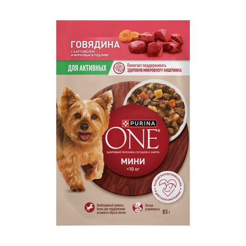 PURINA ONE MINI Влажный корм Паучи Пурина УАН для взрослых собак мелких пород при активном образе жизни с говядиной цена за упаковку 1040₽