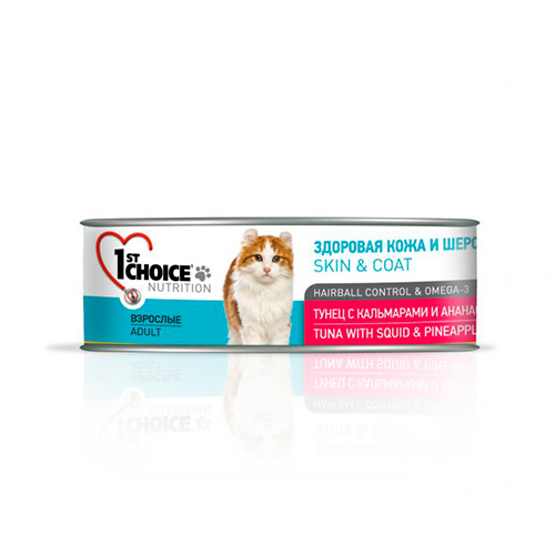 

1st Choice Skin & Coat Hairball Control & Omega 3 / Консервы Фёст Чойс для кошек Тунец с Кальмаром и Ананасом (цена за упаковку), 1st Choice Skin & Coat Hairball Control & Omega 3