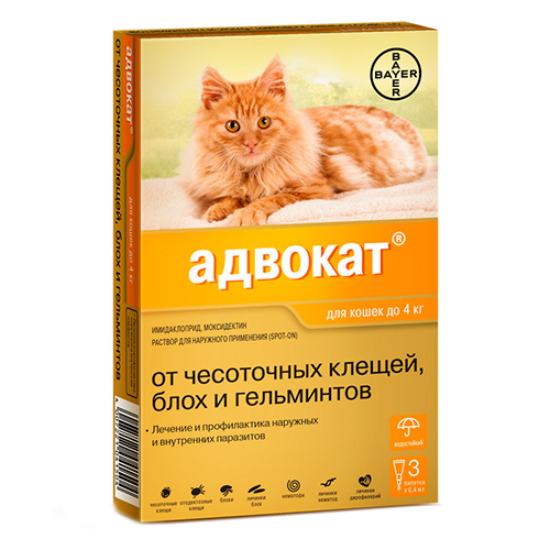 Elanco Адвокат / Капли на холку от Чесоточных Клещей, Блох и Гельминтов для кошек весом до 4 кг