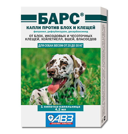 Купить АгроВетЗащита Барс / Капли против блох и клещей для собак весом от 20 до 30 кг (фипронил, дифлубензурон, дикарбоксимид) за 220.00 ₽
