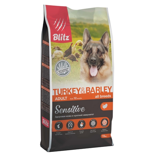 Blitz Sensitive Adult All Breeds Turkey Barley Сухой корм Блиц для взрослых собак всех пород Индейка ячмень 6360₽