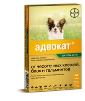 Bayer Адвокат / Капли на холку от Чесоточных Клещей, Блох и Гельминтов для собак весом до 4 кг 