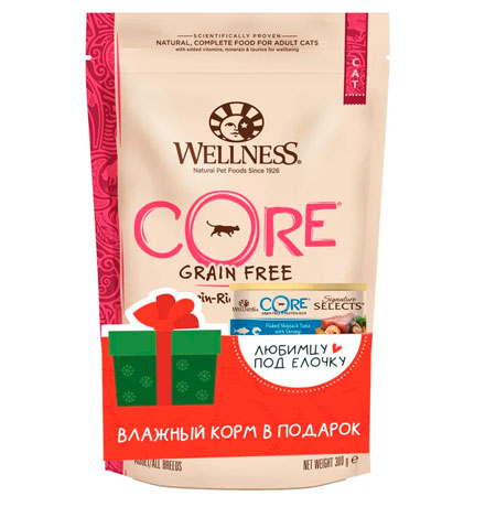Wellness Core Cat Sterilised Grain free Salmon / Сухой Беззерновой корм Велнес Кор для Стерилизованных кошек и котов Лосось + Подарок Wellness Core Cat Signature Selects Flaked Skipjack Tuna with Shrimp / Консервы Велнес Кор для кошек Рубленый Тунец с Креветками в бульоне