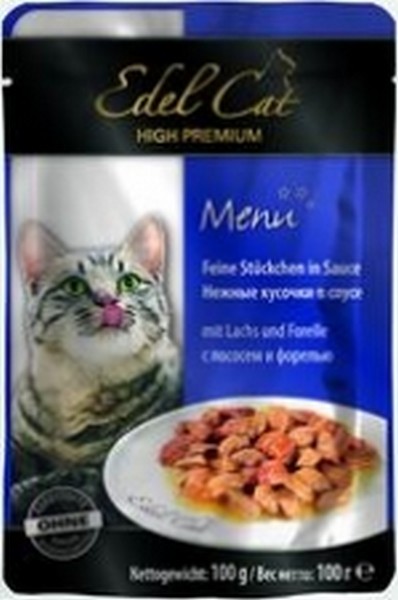 Edel Cat Лосось и Форель / Паучи Эдель Кэт нежные кусочки с Лососем и Форелью в Соусе Цена за упаковку (20 шт x)