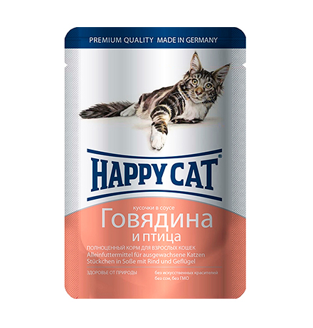 Happy Cat / Паучи Хэппи Кэт для кошек Говядина, Птица в Соусе (цена за упаковку, Германия)