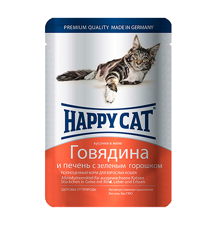 Happy Cat / Паучи Хэппи Кэт для кошек Говядина, Печень, зеленый горох в желе (цена за упаковку, Германия)