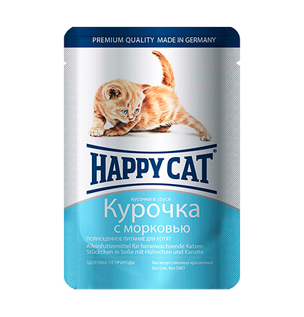 Happy Cat / Паучи Хэппи Кэт для Котят Курочка с Морковью в соусе (цена за упаковку, Германия)