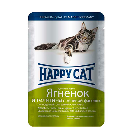 Happy Cat / Паучи Хэппи Кэт для кошек Ягненок, Телятина, зеленая фасоль в желе (цена за упаковку, Германия)