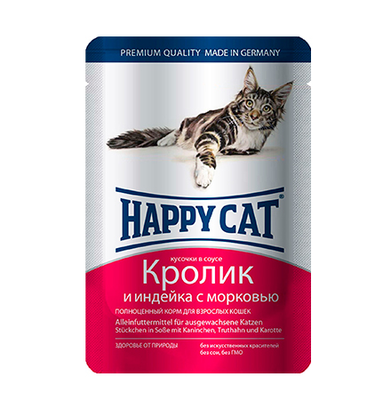 Happy Cat / Паучи Хэппи Кэт для кошек Кролик, Индейка, морковь в соусе (цена за упаковку, Германия)