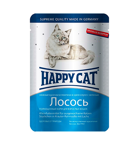 Happy Cat / Паучи Хэппи Кэт для кошек Лосось ломтики в соусе (цена за упаковку, Германия)