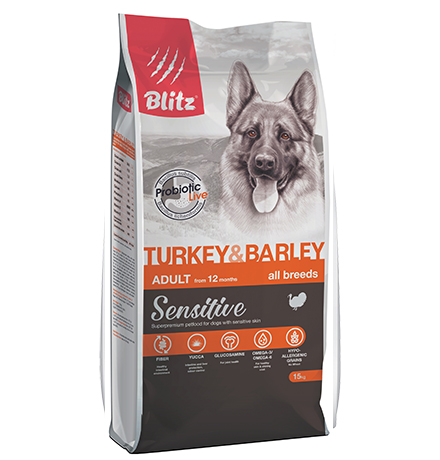 Blitz Sensitive Adult All Breeds Turkey & Barley / Сухой корм Блиц для взрослых собак всех пород Индейка ячмень 