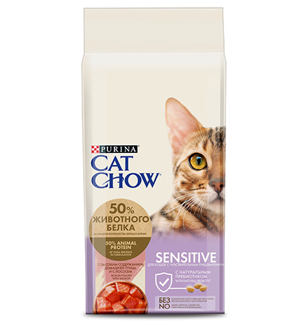 Purina Cat Chow Sensitive / Сухой корм Пурина Кэт Чау для взрослых кошек при чувствительном пищеварении с птицей и лососем