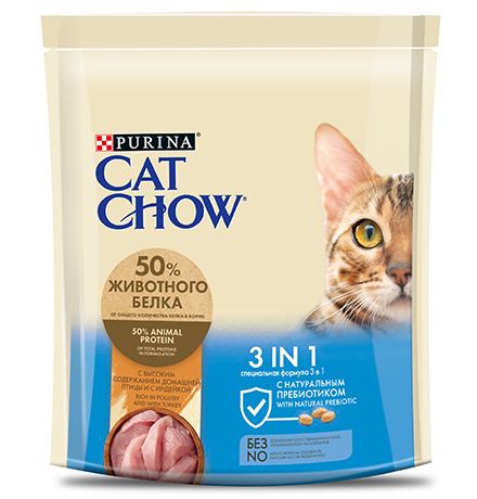 Purina Cat Chow Feline 3в1 / Сухой корм Пурина Кэт Чау для взрослых кошек с птицей и индейкой 