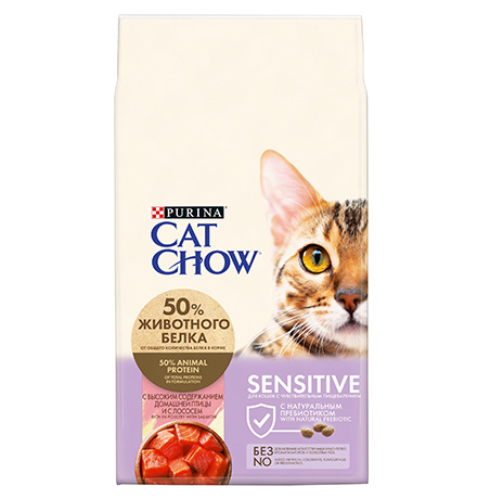 Purina Cat Chow Sensitive / Сухой корм Пурина Кэт Чау для взрослых кошек при чувствительном пищеварении с птицей и лососем 