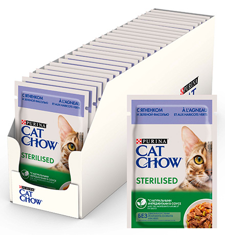 Purina Cat Chow Sterilised / Паучи Пурина Кэт Чау для Стерилизованных кошек с Ягненком и зеленой фасолью в соусе (цена за упаковку)
