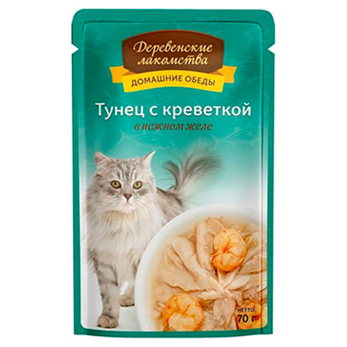 

Деревенские лакомства / Паучи для кошек Тунец с креветкой в нежном желе (цена за упаковку), Деревенские лакомства