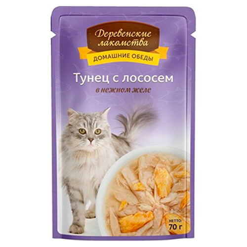 

Деревенские лакомства / Паучи для кошек Тунец с лососем в нежном желе (цена за упаковку), Деревенские лакомства