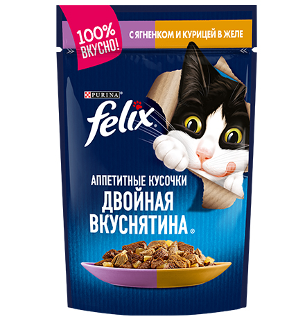

Felix Двойная вкуснятина / Паучи Феликс для кошек с Ягненком и Курицей (цена за упаковку), Felix Двойная вкуснятина