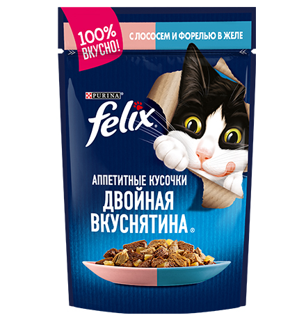 

Felix Двойная вкуснятина / Паучи Феликс для кошек с Лососем и Форелью (цена за упаковку), Felix Двойная вкуснятина