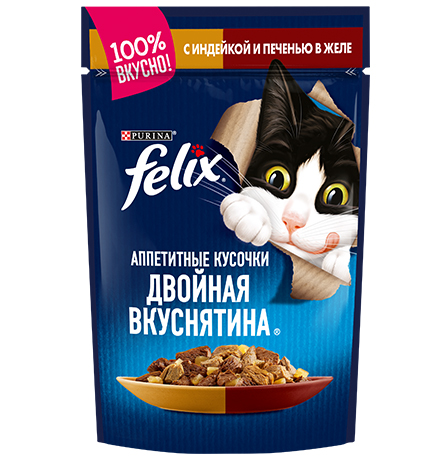 

Felix Двойная вкуснятина / Паучи Феликс для кошек с Индейкой и Печенью (цена за упаковку), Felix Двойная вкуснятина
