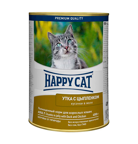 Happy Cat / Консервы Хэппи Кэт для кошек кусочки в Желе Утка и Цыпленок (цена за упаковку) 