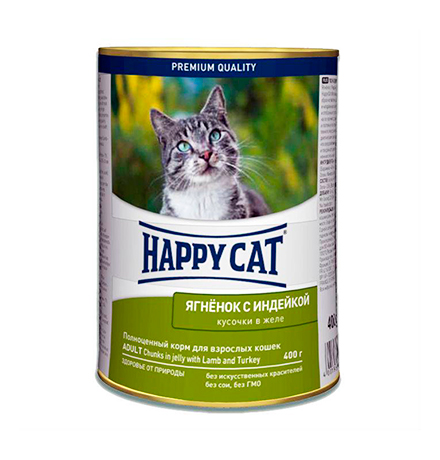 Happy Cat / Консервы Хэппи Кэт для кошек кусочки в Желе Ягненок и Индейка (цена за упаковку) 