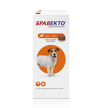MSD Intervet Bravecto / Жевательная таблетка Бравекто от Блох и Клещей для собак весом 4,5 - 10 кг 250мг 