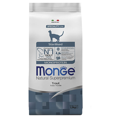 Купить Monge Cat Monoprotein Sterilised Trout  / Сухой корм Монж Монопротеиновый для Стерилизованных кошек Форель за 1405.00 ₽