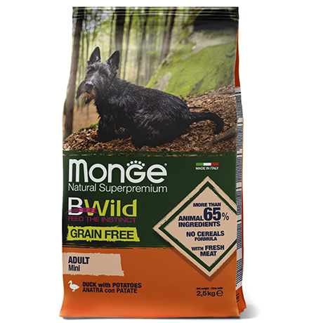 Купить Monge Dog BWild Grain Free Adult Mini Duck / Сухой Беззерновой корм Монж Бивайлд для взрослых собак Мелких пород Утка картофель за 2459.00 ₽