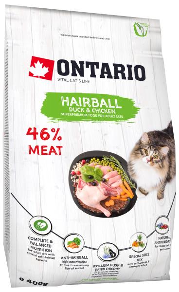 Ontario Hairball / Сухой корм Онтарио для кошек для выведения комочков шерсти с Уткой и курицей