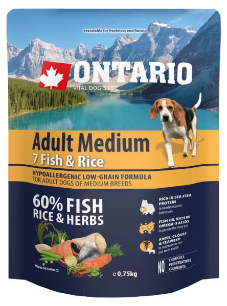 Ontario Adult Medium 7 Fish & Rice / Сухой корм Онтарио для взрослых собак Средних пород 7 видов рыб и рис