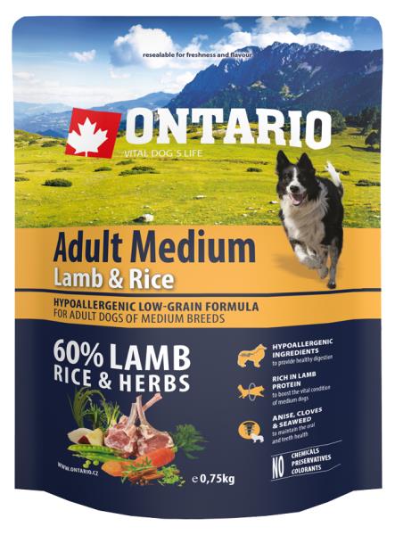 Ontario Adult Medium Lamb & Rice / Сухой корм Онтарио для взрослых собак Средних пород с Ягненком и рисом