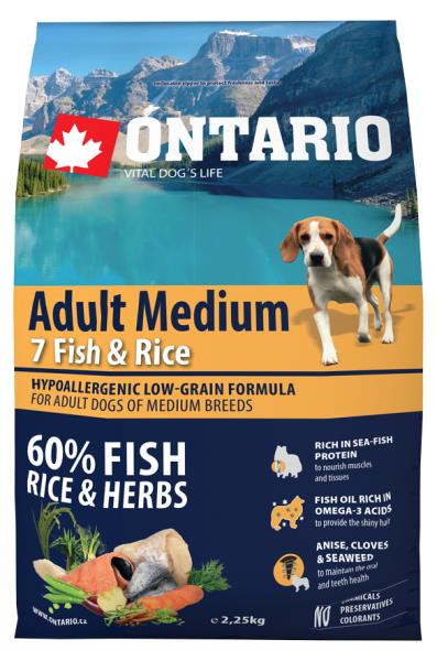 Ontario Adult Medium 7 Fish & Rice / Сухой корм Онтарио для взрослых собак Средних пород 7 видов рыб и рис