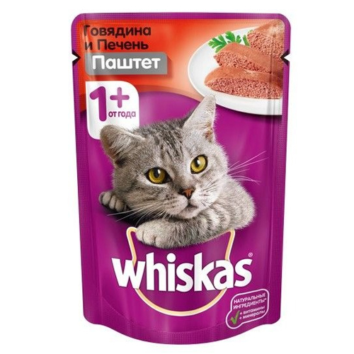 

Whiskas / Паучи Вискас для взрослых кошек Говядина и Печень паштет (цена за упаковку), Whiskas