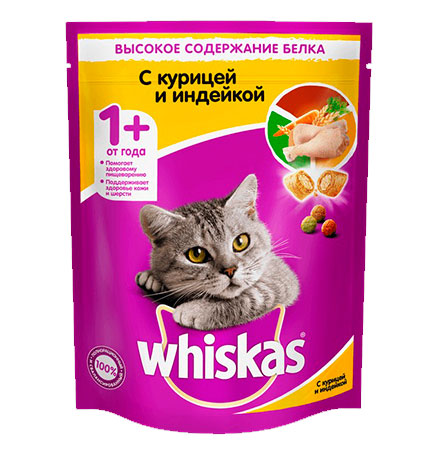 Whiskas / Сухой корм Вискас для взрослых кошек подушечки-паштет с Курицей и индейкой