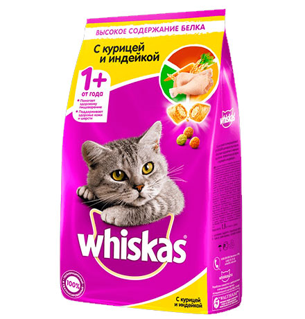 Whiskas / Сухой корм Вискас для взрослых кошек подушечки-паштет с Курицей и индейкой