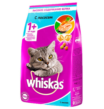 

Whiskas / Сухой корм Вискас для взрослых кошек подушечки-паштет с Лососем, Whiskas